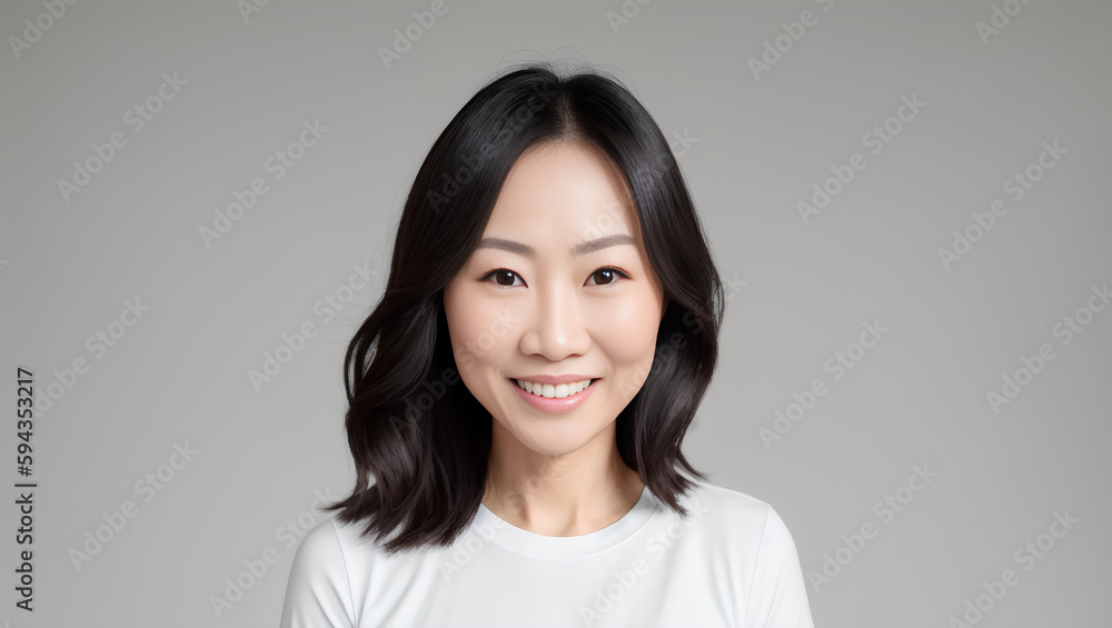 Portrait of Asian natural adult woman on grey plain empty background with copy space. Generative AI Portrait of Asian natural adult woman on grey plain empty background with copy space. Generative AI