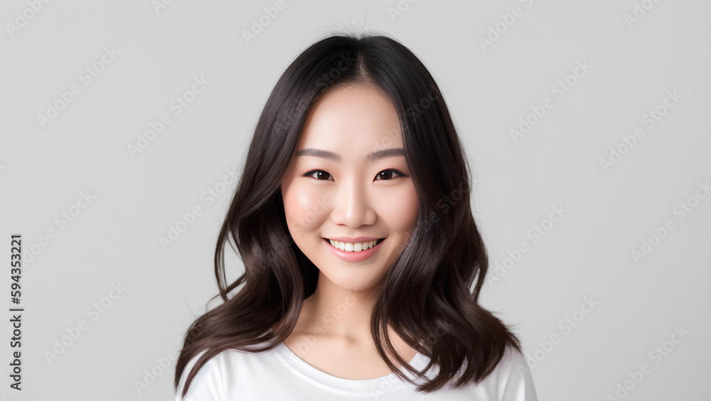 Happy teenager girl with natural skin, healthy grey hair and white teeth. Grey background with copy space. Generative AI Happy teenager girl with natural skin, healthy grey hair and white teeth. Grey background with copy space. Generative AI
