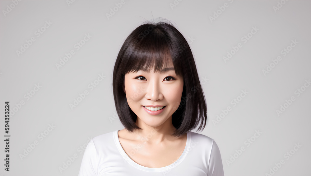 Portrait of Asian beautiful adult woman on grey plain empty background with copy space. Generative AI