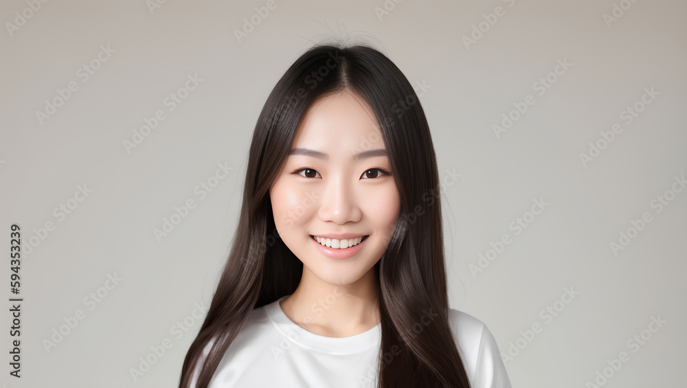 Happy young girl with natural skin, healthy dark hair and white teeth. Grey background with copy space. Generative AI Happy young girl with natural skin, healthy dark hair and white teeth. Grey background with copy space. Generative AI