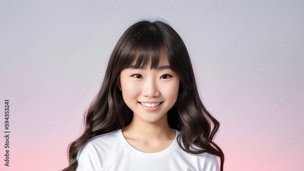 Asian young teenage girl portrait with dark hair hairstyle on empty grey background. Copy space for product placement. Generative AI Asian young teenage girl portrait with dark hair hairstyle on empty grey background. Copy space for product placement. Generative AI