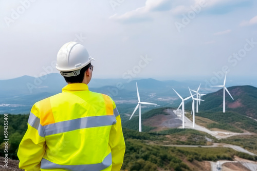 Younger asian maintenance engineer inspecting wind turbines, high quality generative ai
