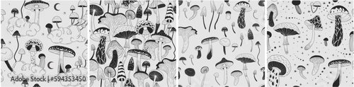 Set of various mystical mushrooms. Hippie magic boho wall art background. Psychedelic vector illustration. Magic and boho texture. Hand drawn style