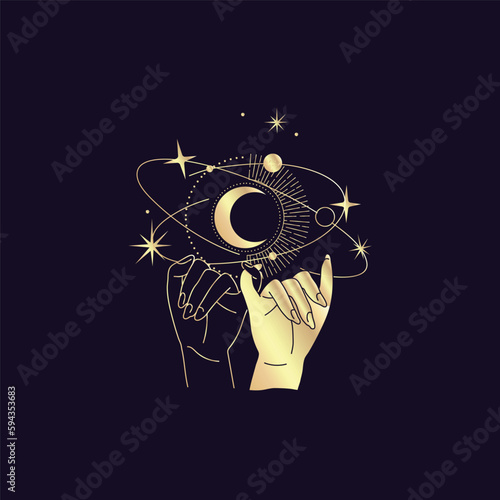 Spiritual esoteric magic logo or talisman with woman hands in silhouette style with stars, sacred geometry moon and sun. Alchemy mystic tattoo object logo template. Vector