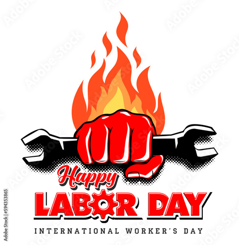 Happy labour day card with red fist with wrench and flame. Vector template for poster, greeting card on transpatent background