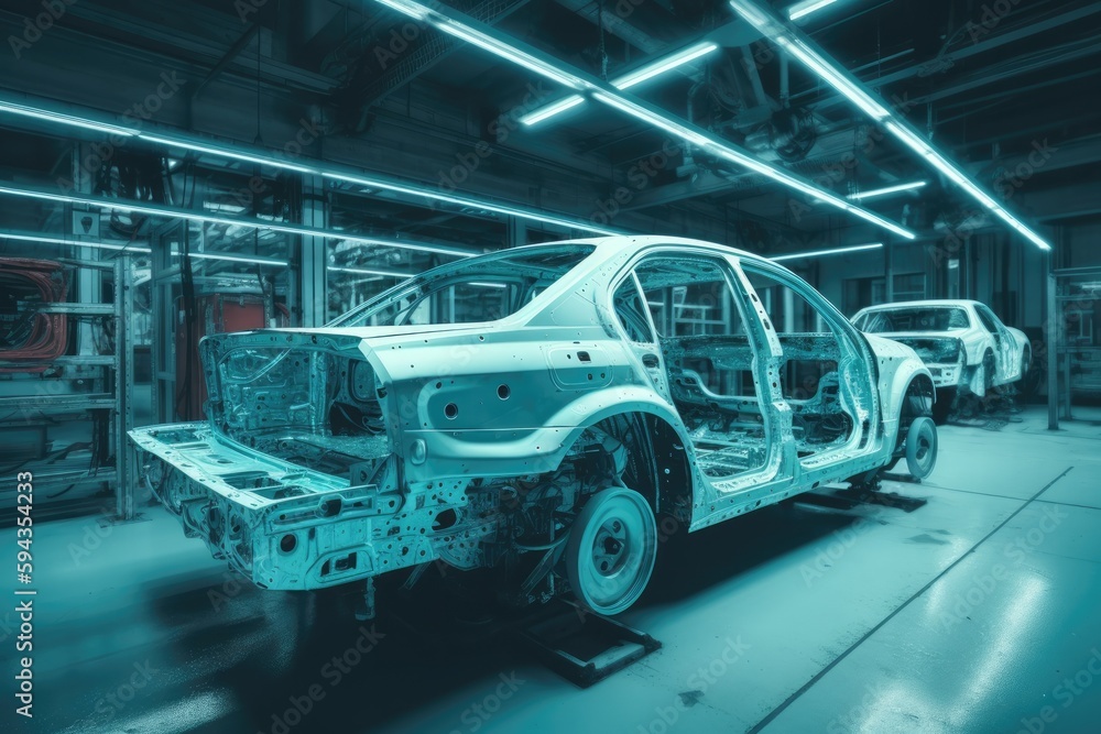 A car assembly factory in a wide hall . car industry. Ai generative A car assembly factory in a wide hall . car industry. Ai generative