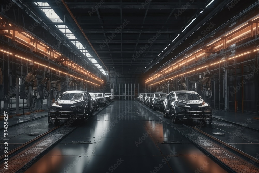 A car assembly factory in a wide hall . car industry. Ai generative A car assembly factory in a wide hall . car industry. Ai generative