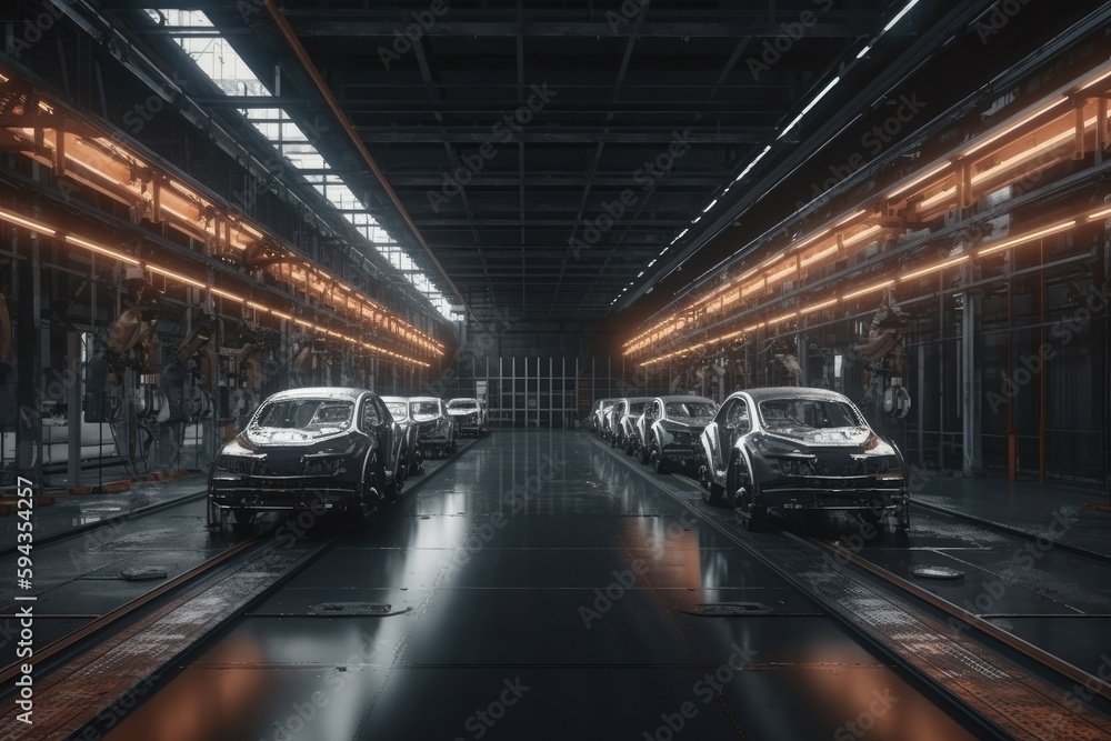 A car assembly factory in a wide hall . car industry. Ai generative