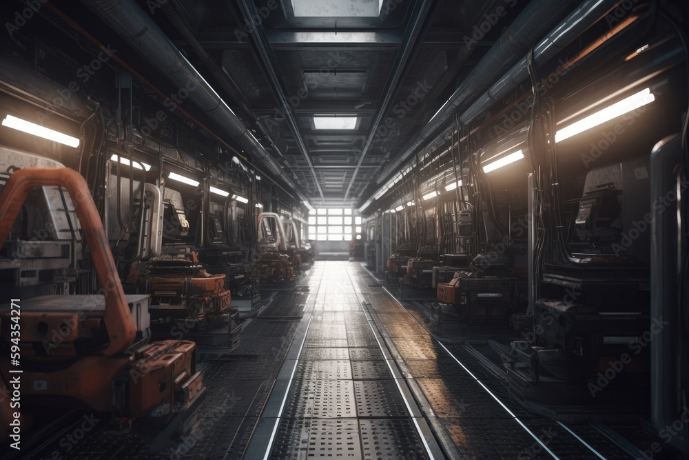 A car assembly factory in a wide hall . car industry. Ai generative A car assembly factory in a wide hall . car industry. Ai generative