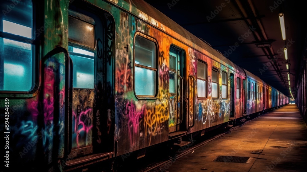 Abandoned colorful train. Generative ai. Abandoned colorful train. Generative ai.