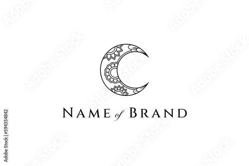 Crescent moon logo with floral ornament combination in zentangle design style