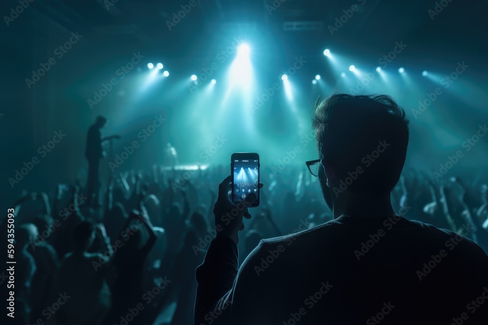 Crowded concert festival with scene stage orange purple and yellow lights with colorful smoke rock show performance, people silhouette, colourful confetti explosion fired. Generative AI technology