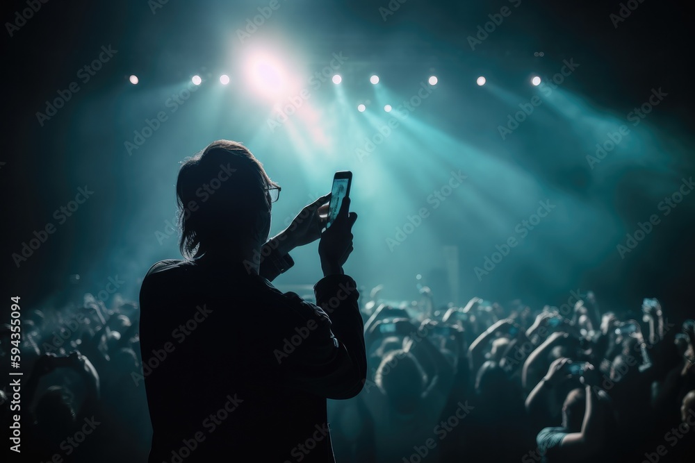 Crowded concert festival with scene stage orange purple and yellow lights with colorful smoke rock show performance, people silhouette, colourful confetti explosion fired. Generative AI technology