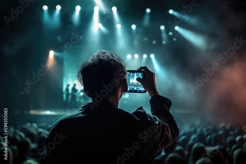 Crowded concert festival with scene stage orange purple and yellow lights with colorful smoke rock show performance, people silhouette, colourful confetti explosion fired. Generative AI technology