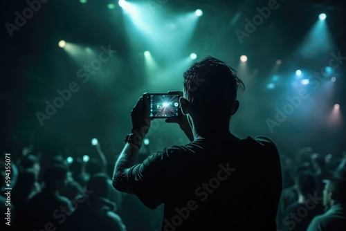 Crowded concert festival with scene stage orange purple and yellow lights with colorful smoke rock show performance, people silhouette, colourful confetti explosion fired. Generative AI technology