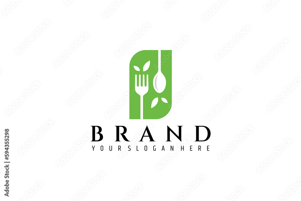 Spoon and fork logo with green leaf decoration suitable for diner, restaurant, cafe and food products Spoon and fork logo with green leaf decoration suitable for diner, restaurant, cafe and food products