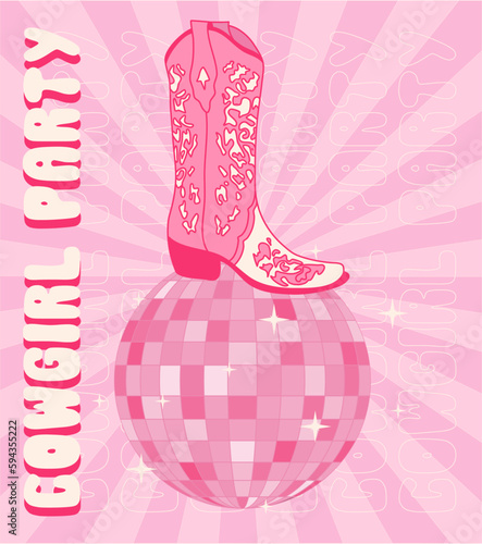 Retro pink cowgirl boot with ornament on aesthetic spiral ray burst background. Cowgirl party fashion phrase print. Cowboy western and wild west theme. Hand drawn vector design.