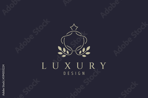 Ring jewelery logo with crown shape decorated with leaf plant in linear design style