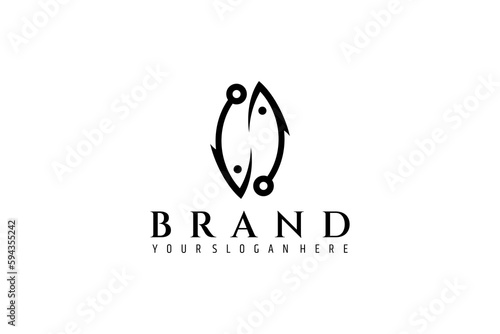 Fishing hook logo with fish like shape in flat design