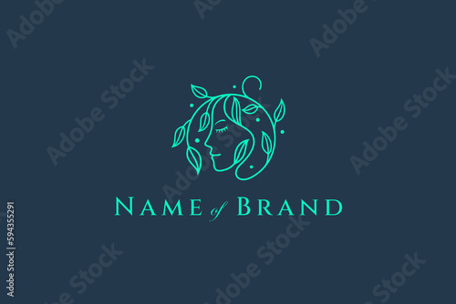 Beautiful woman logo with natural plant combination in green color design