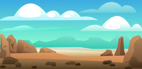 Gordijnen Koraalgroen Hot desert sand and cliff. Rocky landscape with stones. Cartoon fun style. Sky blue and clouds. Flat design. Mountains in distance horizon. Vector  © Natalia