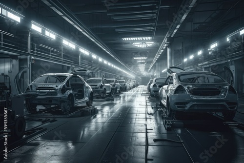 A car assembly factory in a wide hall . car industry. Ai generative © AiAgency