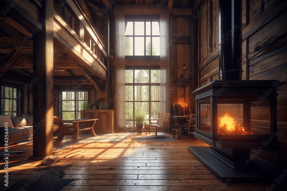 Indoor Rustic wooden house with fireplace and large windows. Generative AI