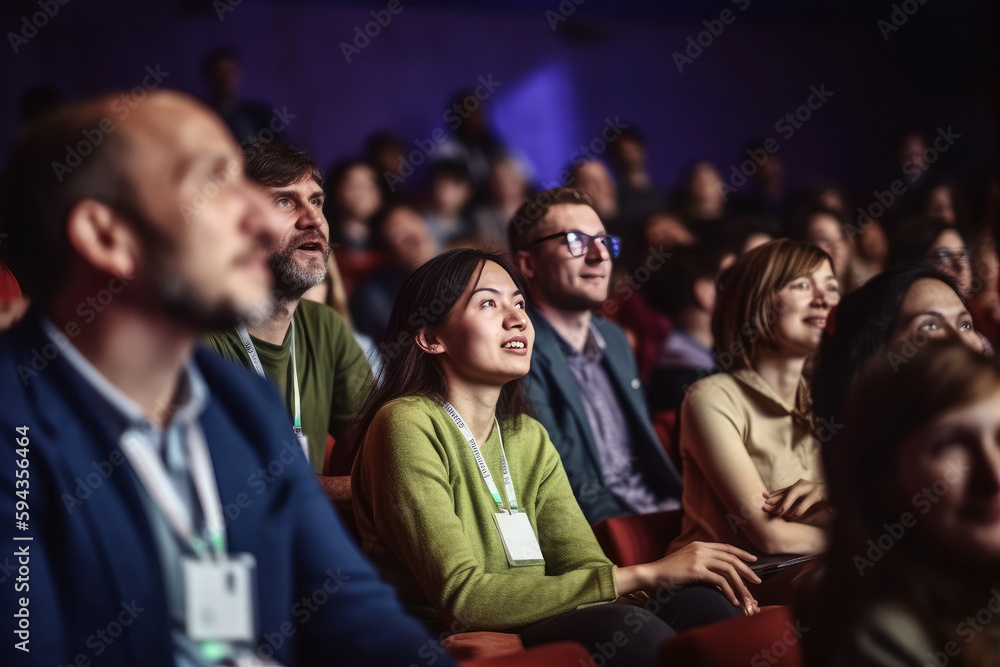 Candid shot of engaged conference attendees attentively listening to captivating speaker, generative ai - obrazy, fototapety, plakaty 