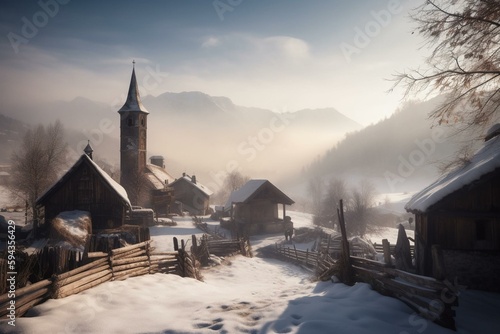 view of medieval village with some stone wooden masonery buildings and church with tower in winter with snow and fog in air, some mountains in back, generative AI