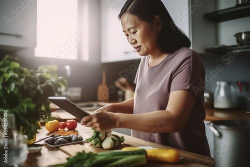 Asian woman cooking in the kitchen, following recipe on a digital tablet for a delicious meal, generative ai photo