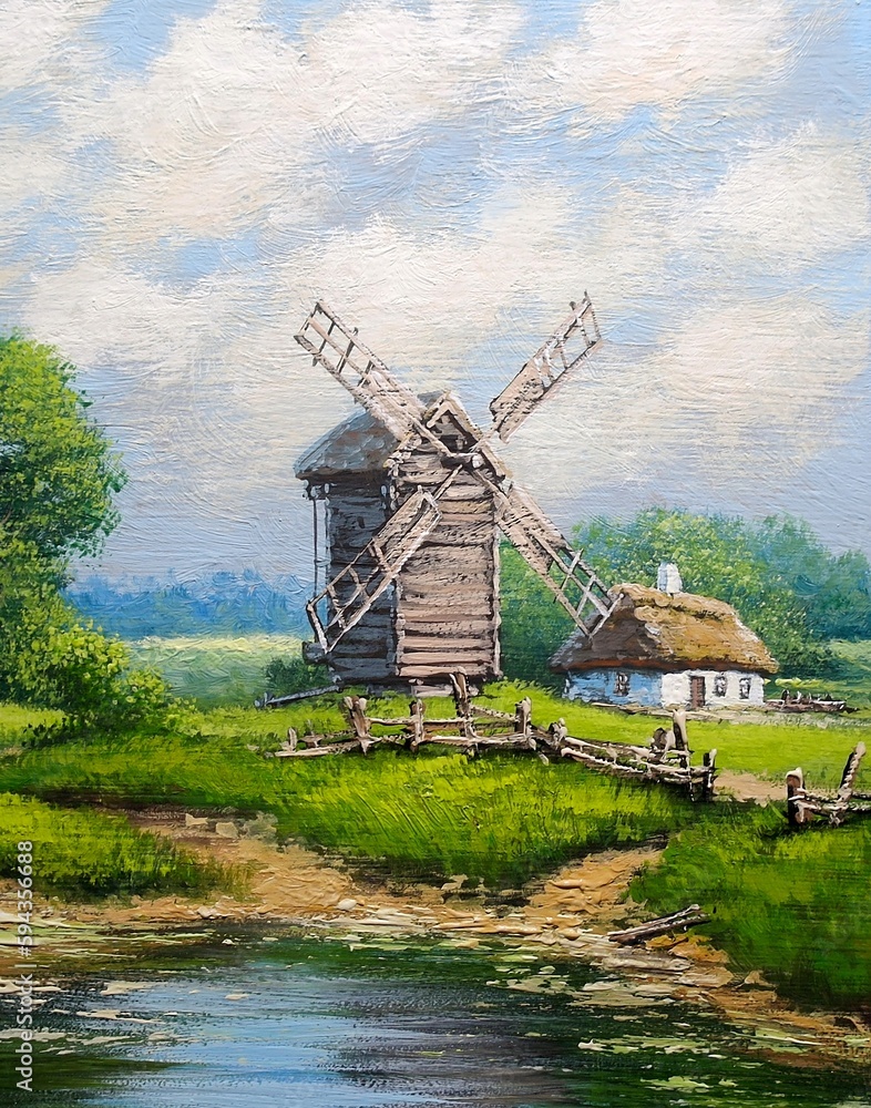 Old windmill in the countryside, oil paintings rural landscape, fine art, artwork