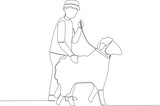 A boy sacrifices a goat on Eid al-Adha. Eid al-Adha one-line drawing