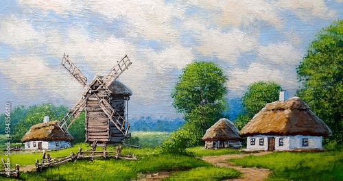 Old windmill in the countryside, oil paintings rural landscape, fine art, artwork photo