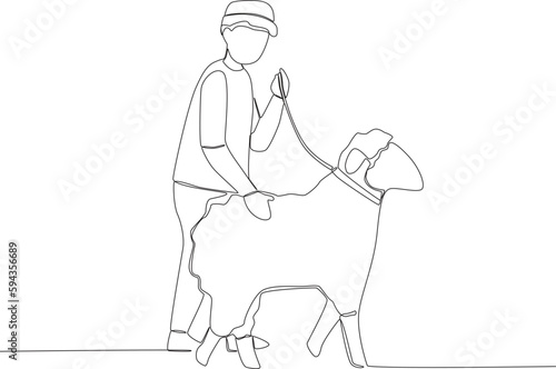 A boy sacrifices a goat on Eid al-Adha. Eid al-Adha one-line drawing