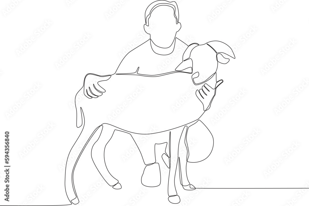 Fototapeta premium A man hugs his sacrificial animal. Eid al-Adha one-line drawing