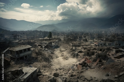 A earthquake has destroyed homes in a city, debris on the ground - Generative AI © ChaoticMind