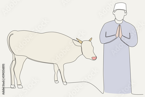 Color illustration of a man greeting worshippers on Eid al-Adha. Eid al-Adha one-line drawing