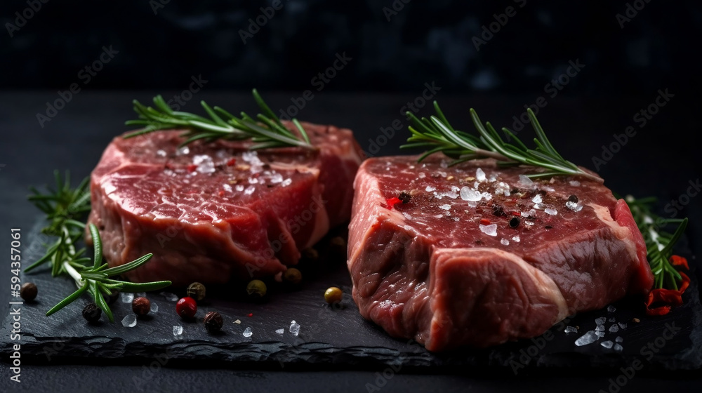 Raw steak on a slate. Two raw steaks on a dark shale background. Slice of meat with salt, pepper and herbs.  generative ai.