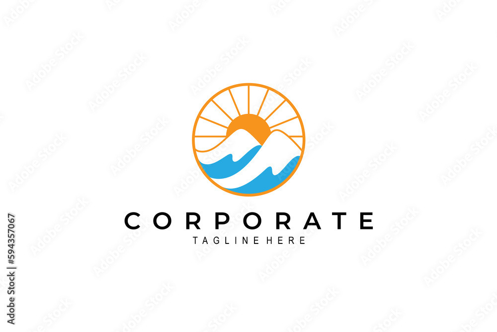 Mountain and waves natural landscape logo with sun rays in circle frame linear design Mountain and waves natural landscape logo with sun rays in circle frame linear design