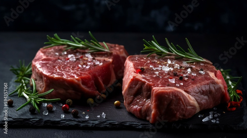 Raw steak on a slate. Two raw steaks on a dark shale background. Slice of meat with salt, pepper and herbs. generative ai.