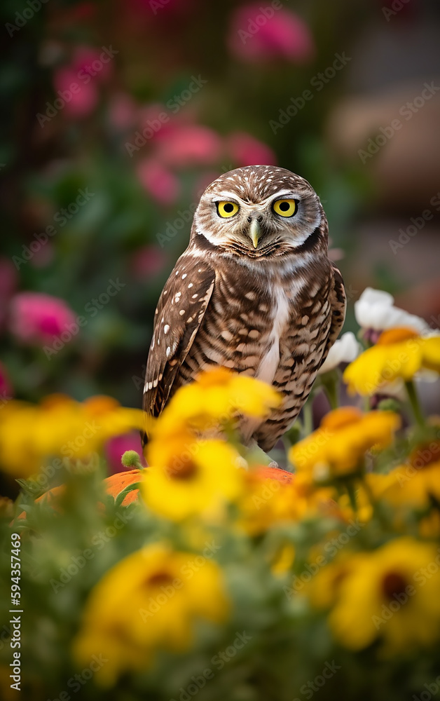 A watchful owl nestled among vibrant flowers, a natural juxtaposition of wild instinct against the softness of a blooming garden. A watchful owl nestled among vibrant flowers, a natural juxtaposition of wild instinct against the softness of a blooming garden.