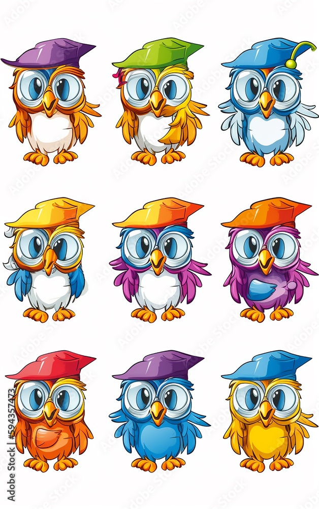 A colorful array of owls with graduation caps, each unique, representing diversity in education and the joy of graduation day. A colorful array of owls with graduation caps, each unique, representing diversity in education and the joy of graduation day.