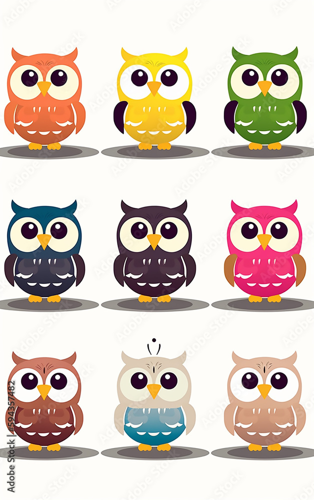 Fototapeta premium A delightful assortment of owls, each with a character of its own, stands as a symbol of learning, growth, and the colorful journey of education.