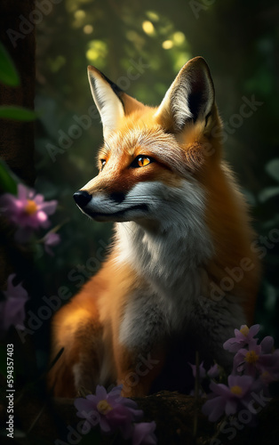 A fox bathes in the dappled light of a forest glade, its fiery coat a stark contrast to the serene greens and purples of its peaceful surroundings. © Liana