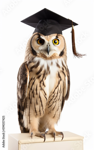 A studious owl confidently stands on a pedestal, its graduation cap symbolizing its readiness to embark on the next chapter of its academic journey.