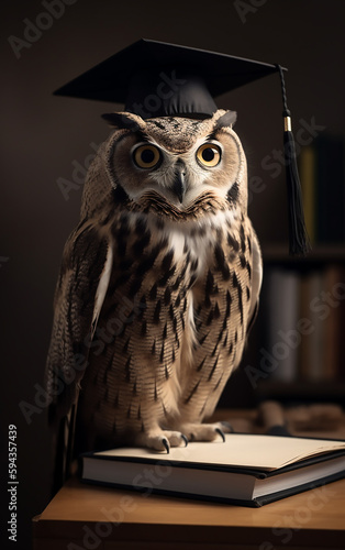 Wallpaper Mural A poised owl stands attentively on a diploma, its graduation cap symbolizing a milestone of educational achievement against a minimalist background. Torontodigital.ca