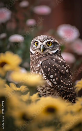 A curious little owl peeks through a vibrant field of yellow flowers  its eyes wide with wonder and intelligence.