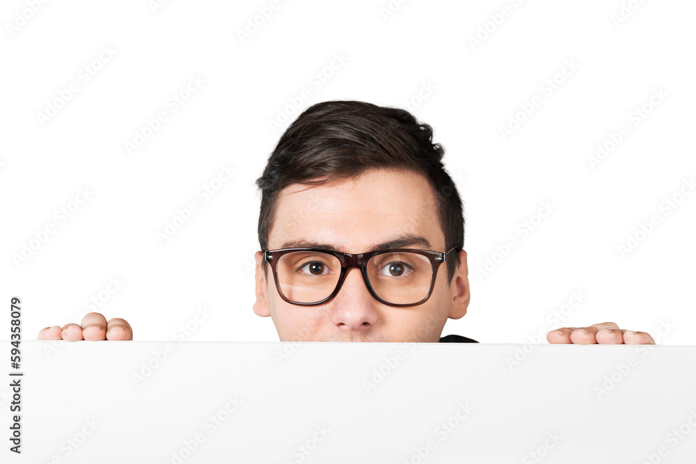 Man in glasses holding blank white paper over his face Man in glasses holding blank white paper over his face