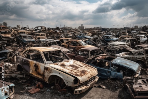 A junkyard filled with dozens of old, wrecked cars in various states of disrepair. Dismantling for parts at scrap yards and sending for remelting. Generative AI
