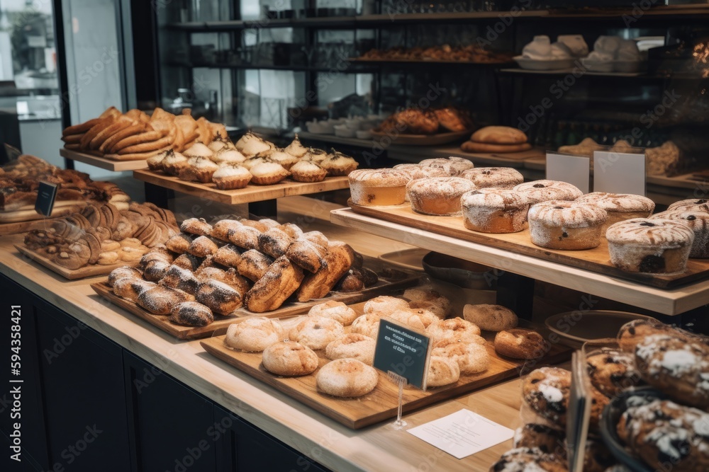 A gluten-free bakery, with displays of fresh-baked vegan cakes, cupcakes, cookies and breads, enjoyed through alternative, natural ingredients. Generative AI